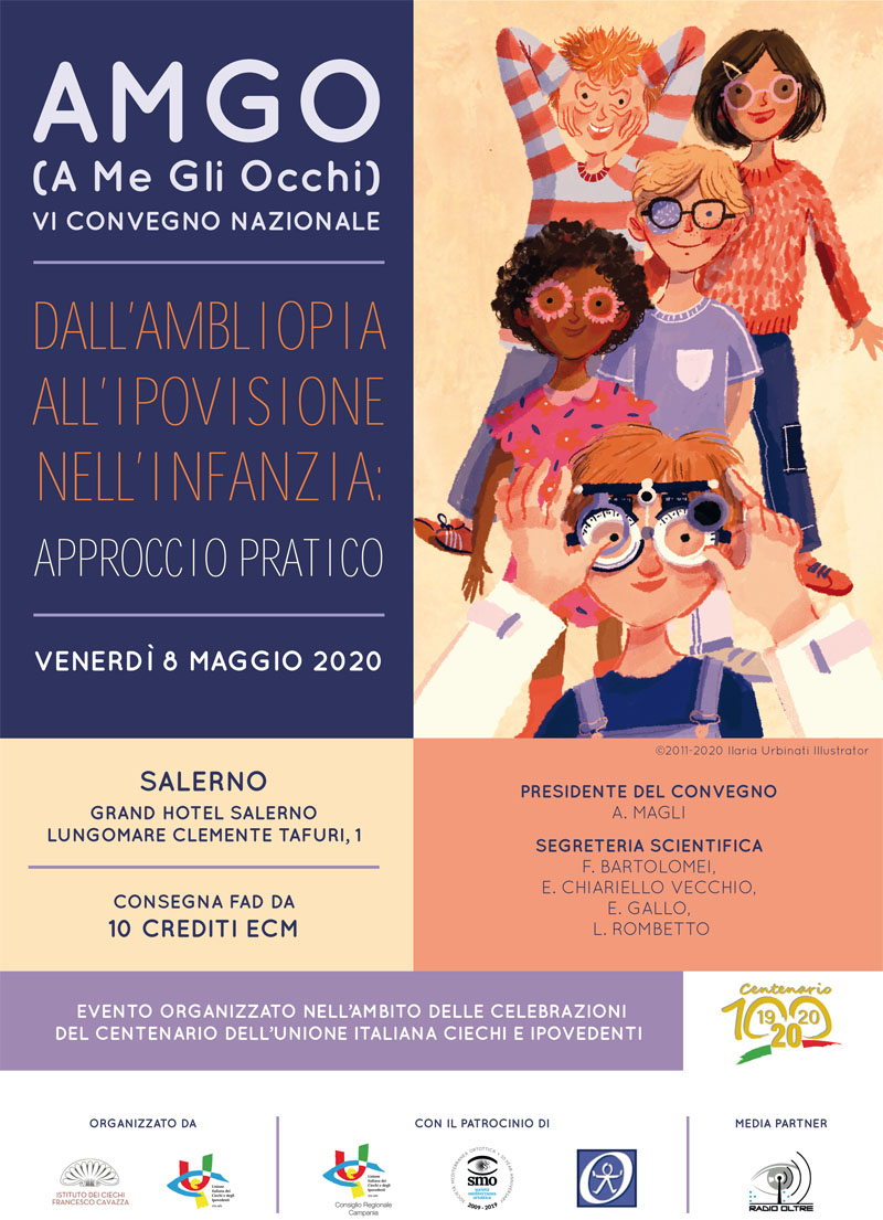 Prima pagina della locandina Amgo con illustrazione dello screening con bambini diversi.